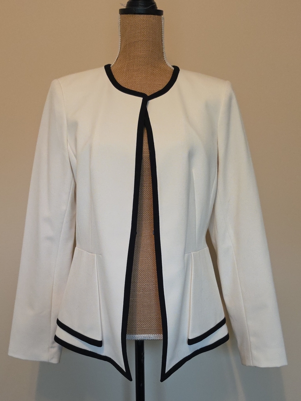 Calvin Klein Cream Open-Front Jacket with Black Trim
